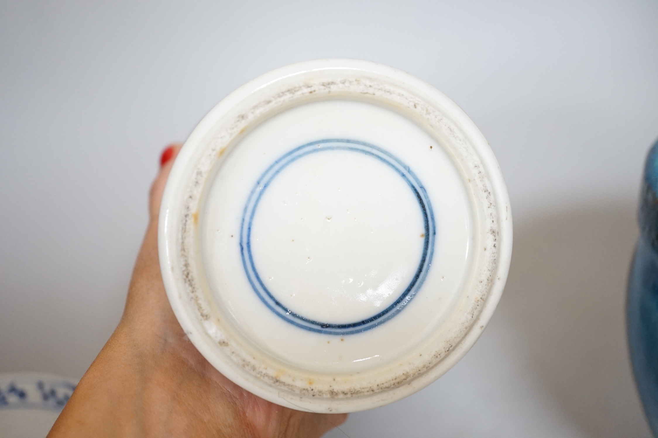 A Chinese blue and white prunus vase, a Jun type pottery planter and a blue and white bowl, vase 25.5cm high